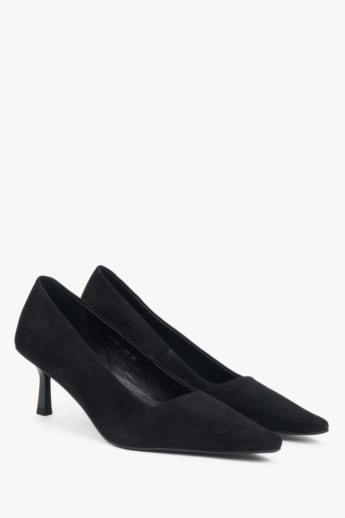 Women’s black pointed toe pumps in soft genuine velour.