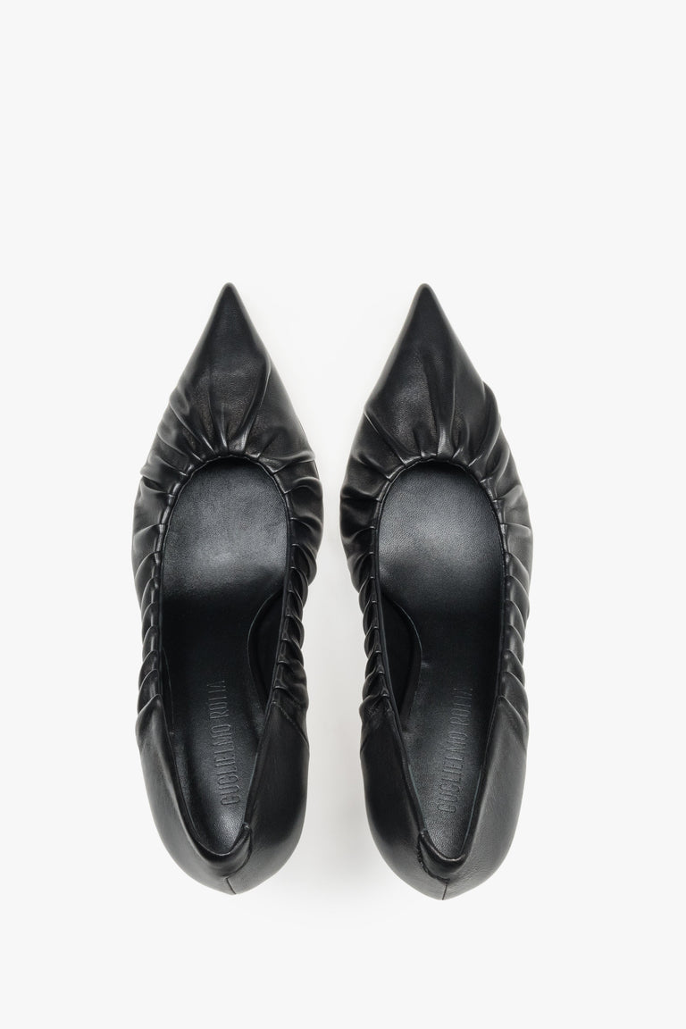 Luxury handcrafted Italian heels featuring a gathered upper detail and leather interior.