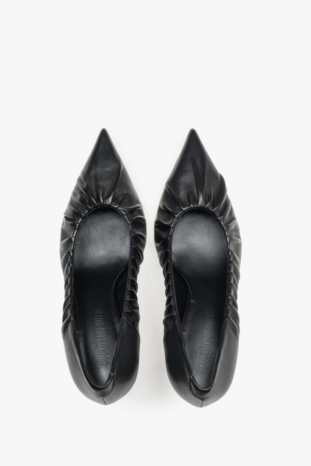Luxury handcrafted Italian heels featuring a gathered upper detail and leather interior.