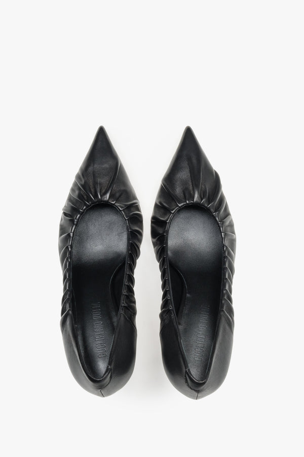 Luxury handcrafted Italian heels featuring a gathered upper detail and leather interior.