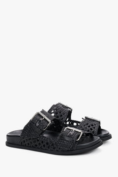 Women's black premium Italian leather slides by Guglielmo Rotta with perforated straps.