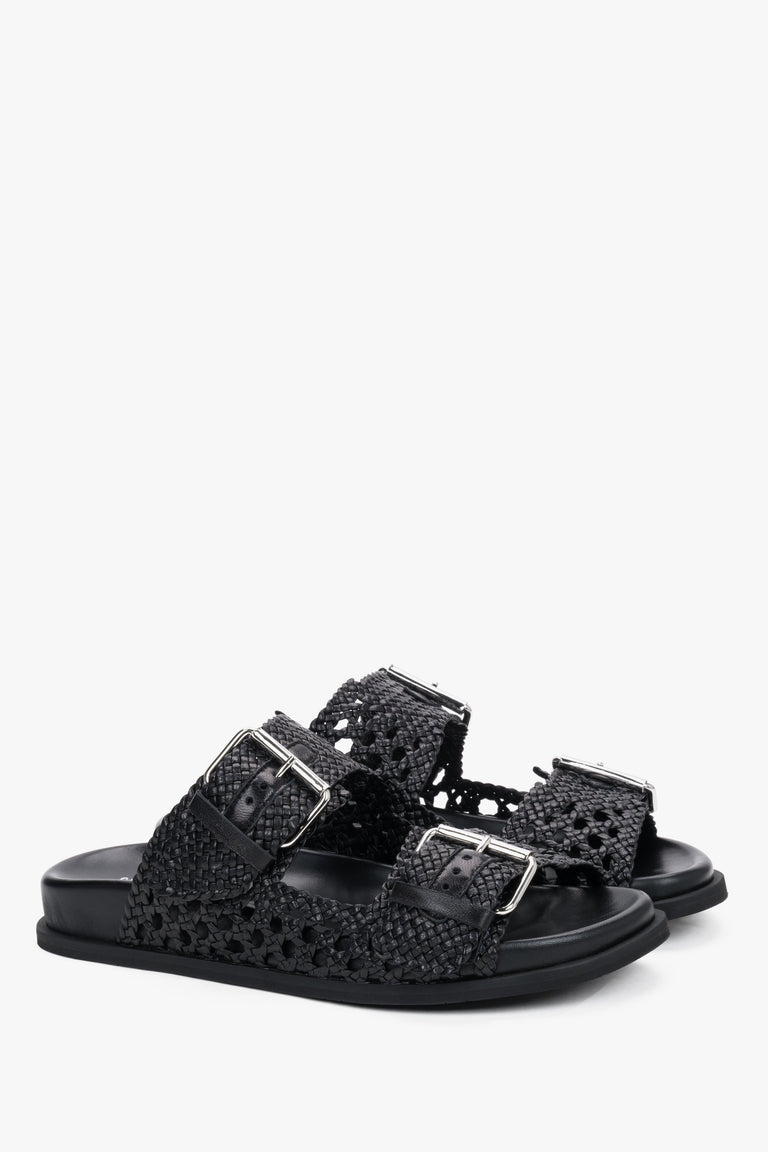 Women's black premium Italian leather slides by Guglielmo Rotta with perforated straps.
