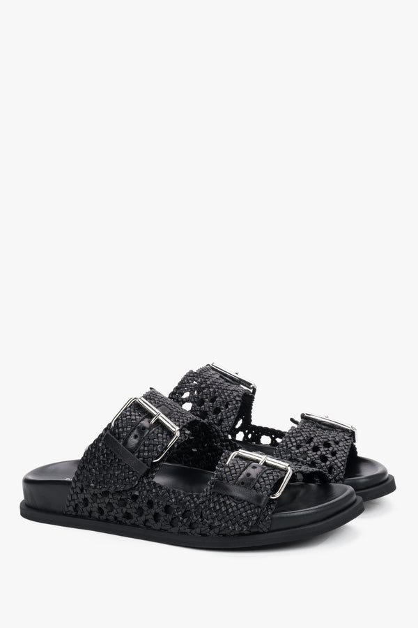 Women's black premium Italian leather slides by Guglielmo Rotta with perforated straps.