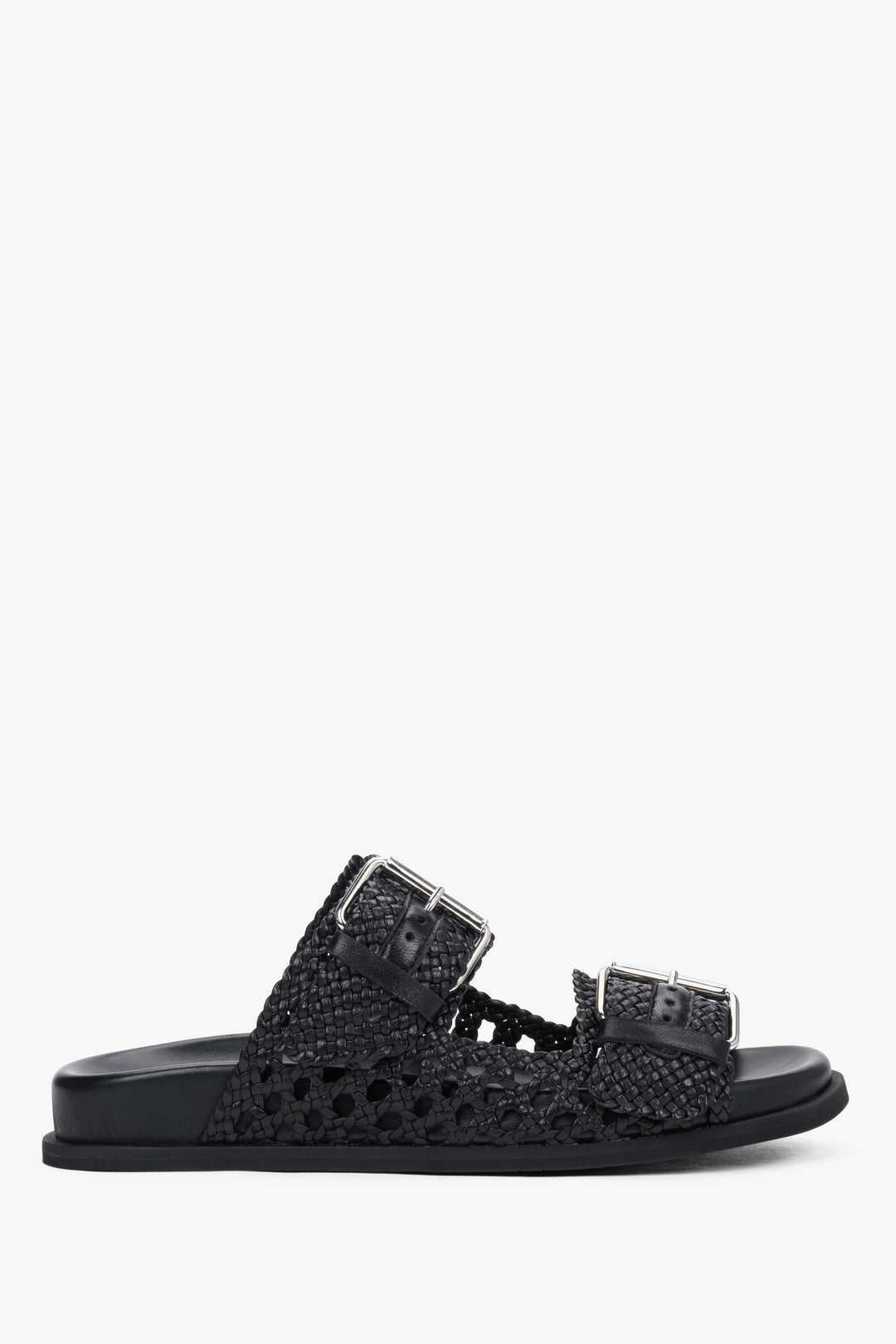 Luxury Italian handcrafted black leather slides featuring adjustable buckles, Guglielmo Rotta.