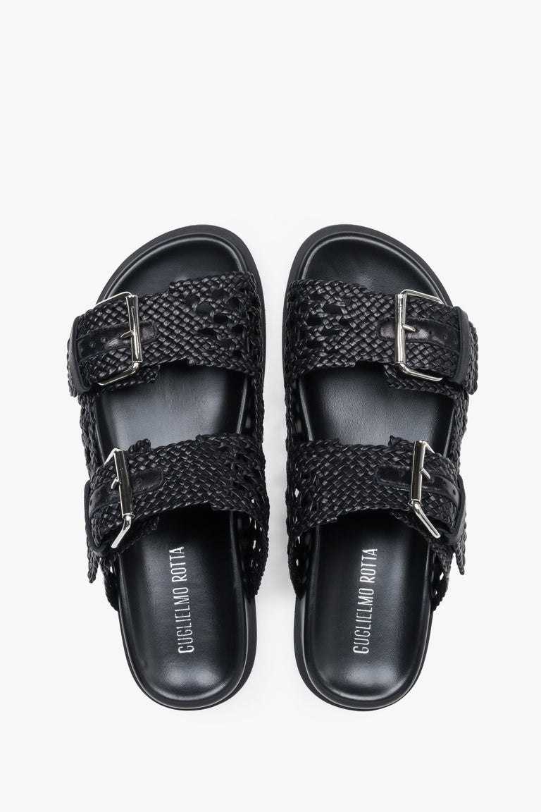 Close-up of the perforated texture and premium finish on Guglielmo Rotta black leather slides.