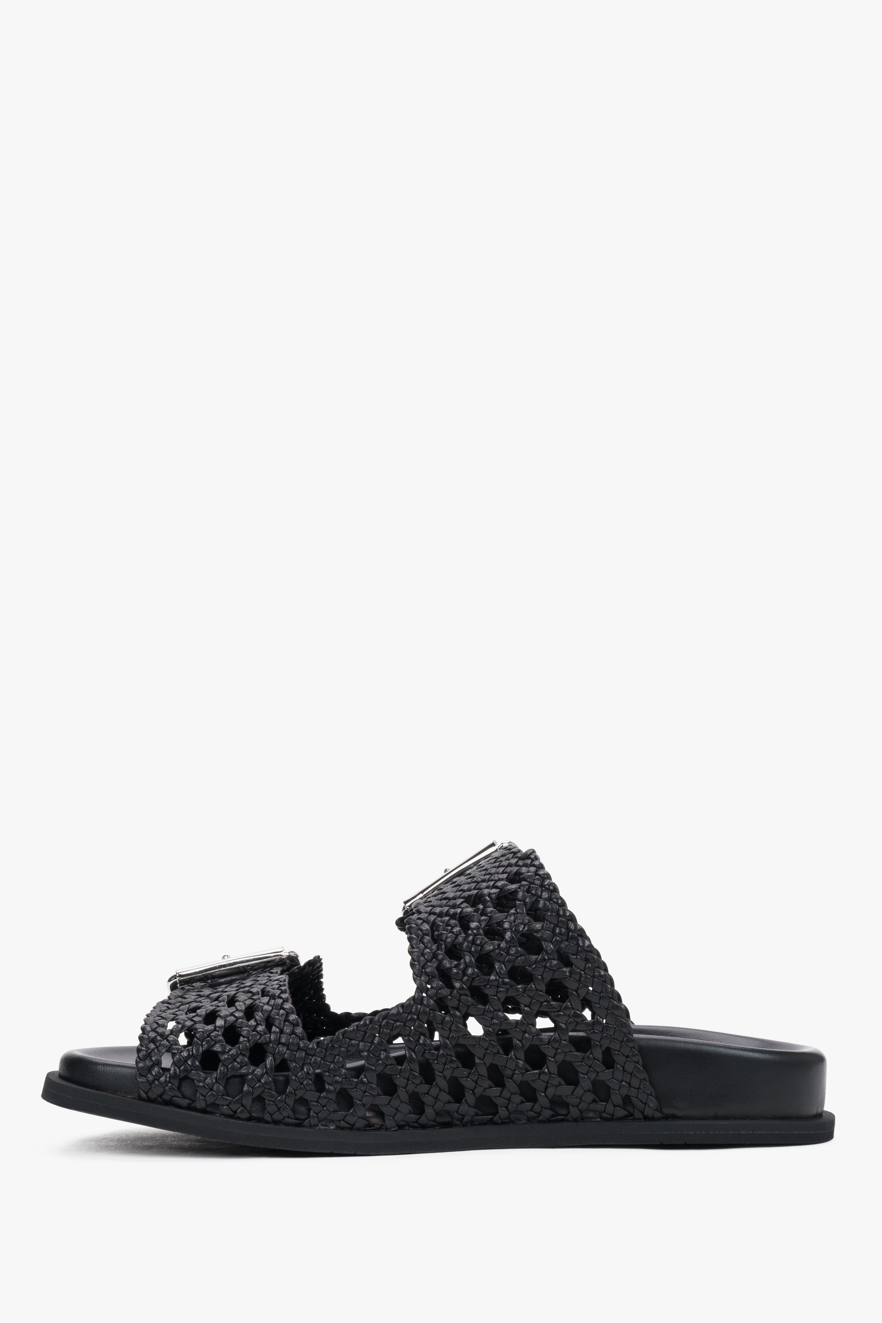 High-fashion black leather summer slides with a breathable natural leather interior.