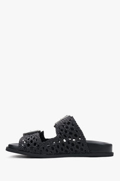 High-fashion black leather summer slides with a breathable natural leather interior.