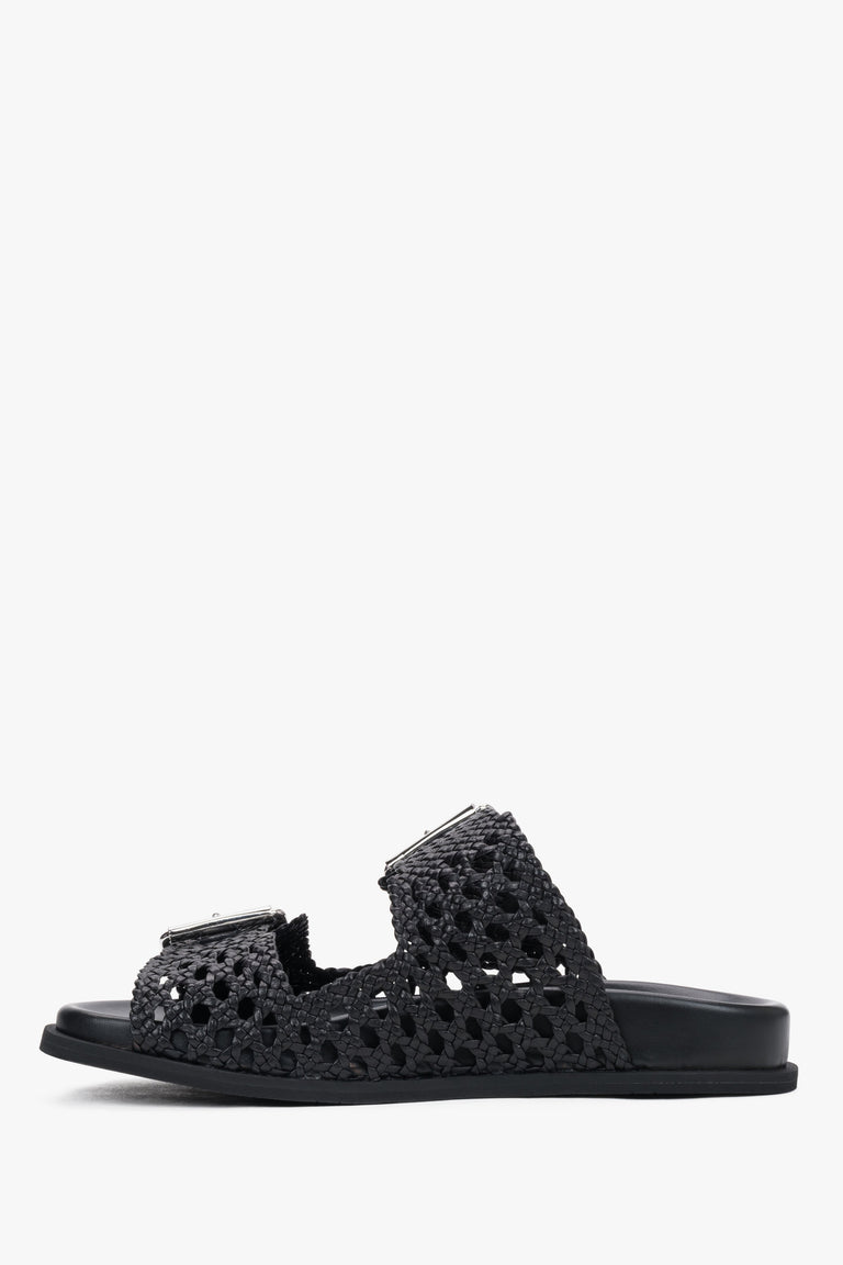 High-fashion black leather summer slides with a breathable natural leather interior.