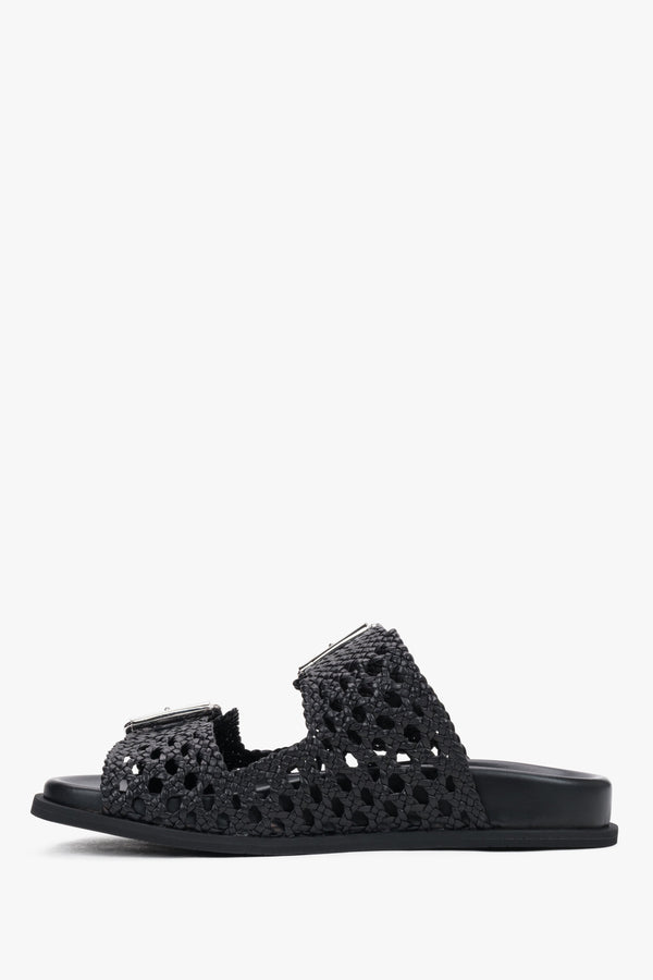 High-fashion black leather summer slides with a breathable natural leather interior.