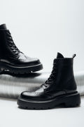 Women's Black Premium Italian Leather Ankle Boots with Folk Perforations Estro ER00120761.