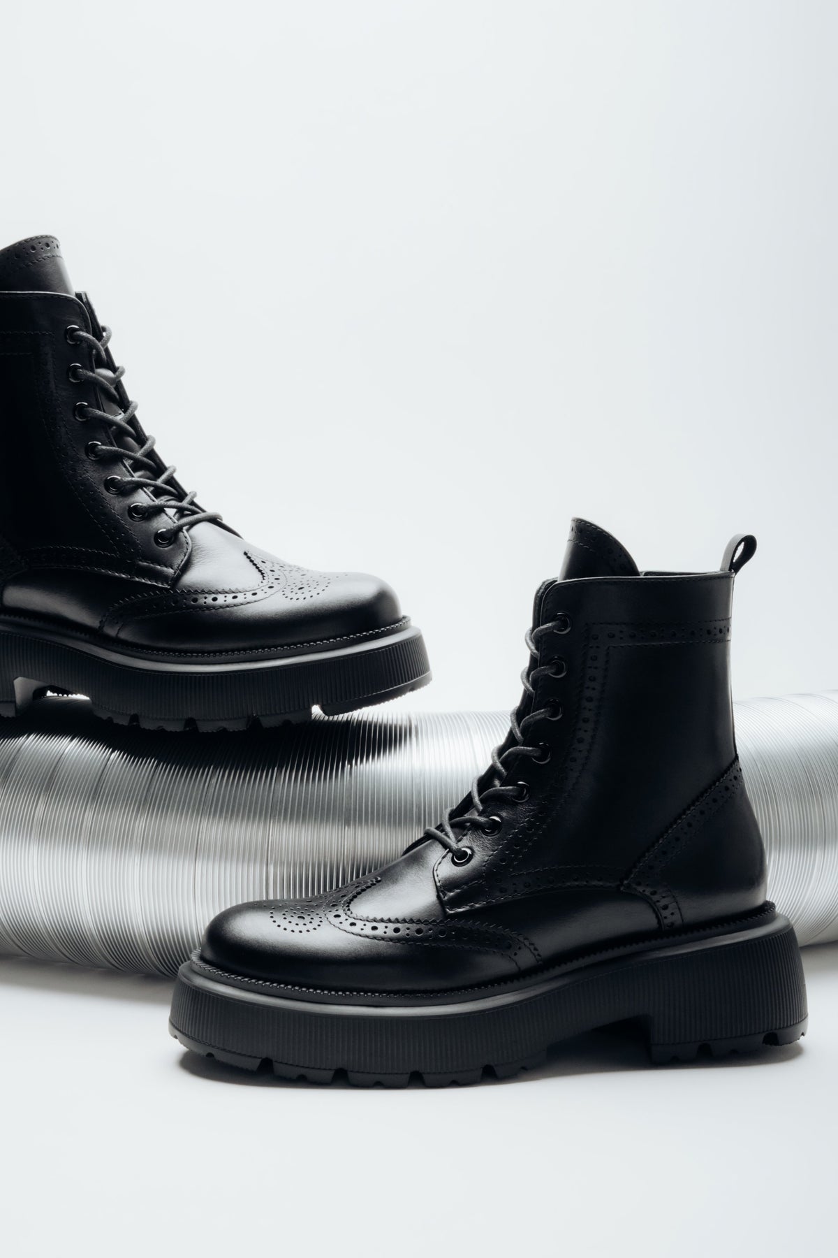 Women's Black Premium Italian Leather Ankle Boots with Folk Perforations Estro ER00120761.