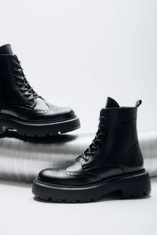 Women's Black Premium Italian Leather Ankle Boots with Folk Perforations Estro ER00120761.