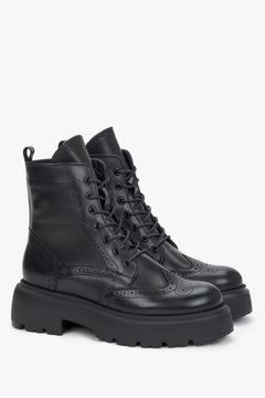 Women's black premium Italian genuine leather ankle boots with folk perforations Estro.