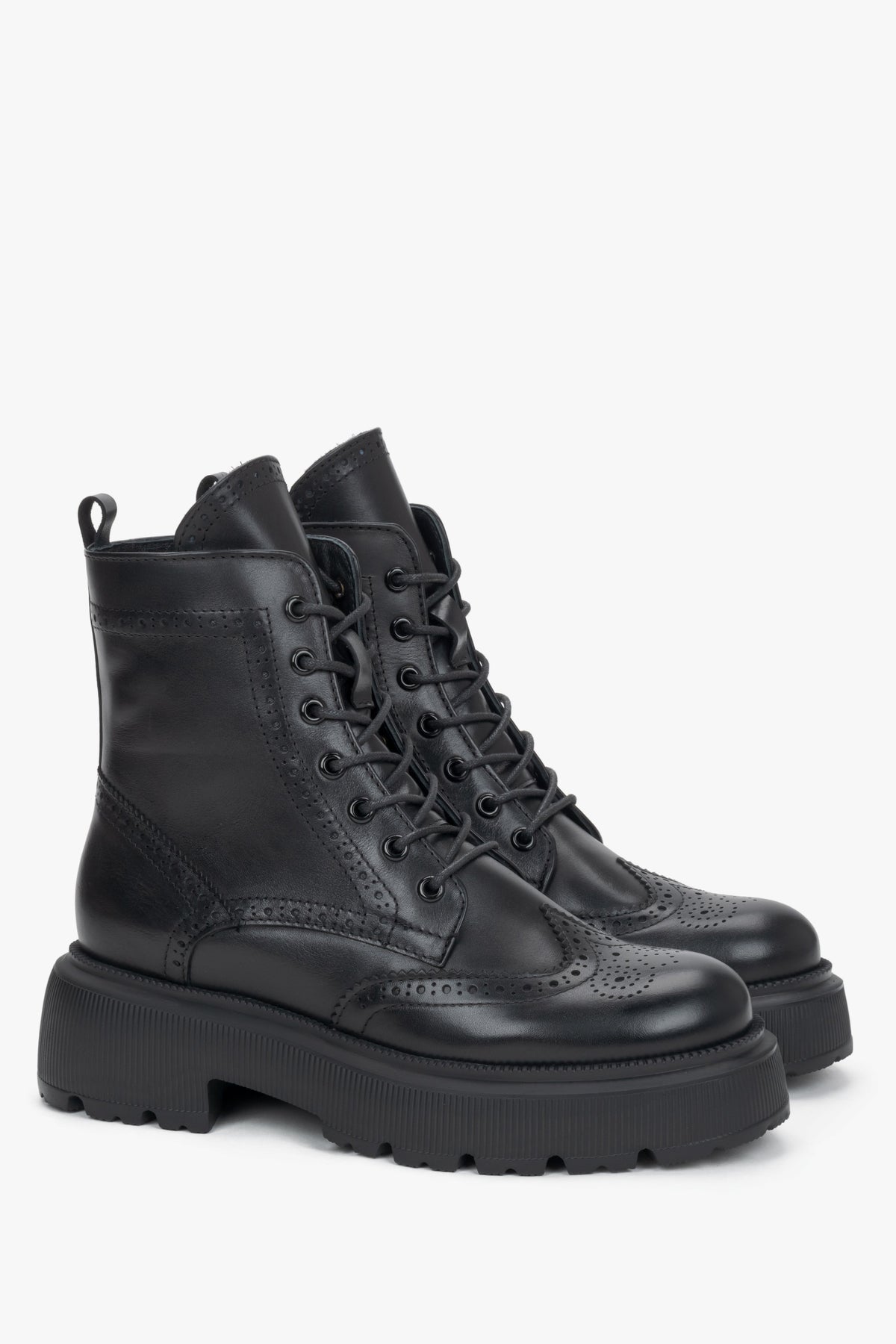Women's black premium Italian genuine leather ankle boots with folk perforations Estro.