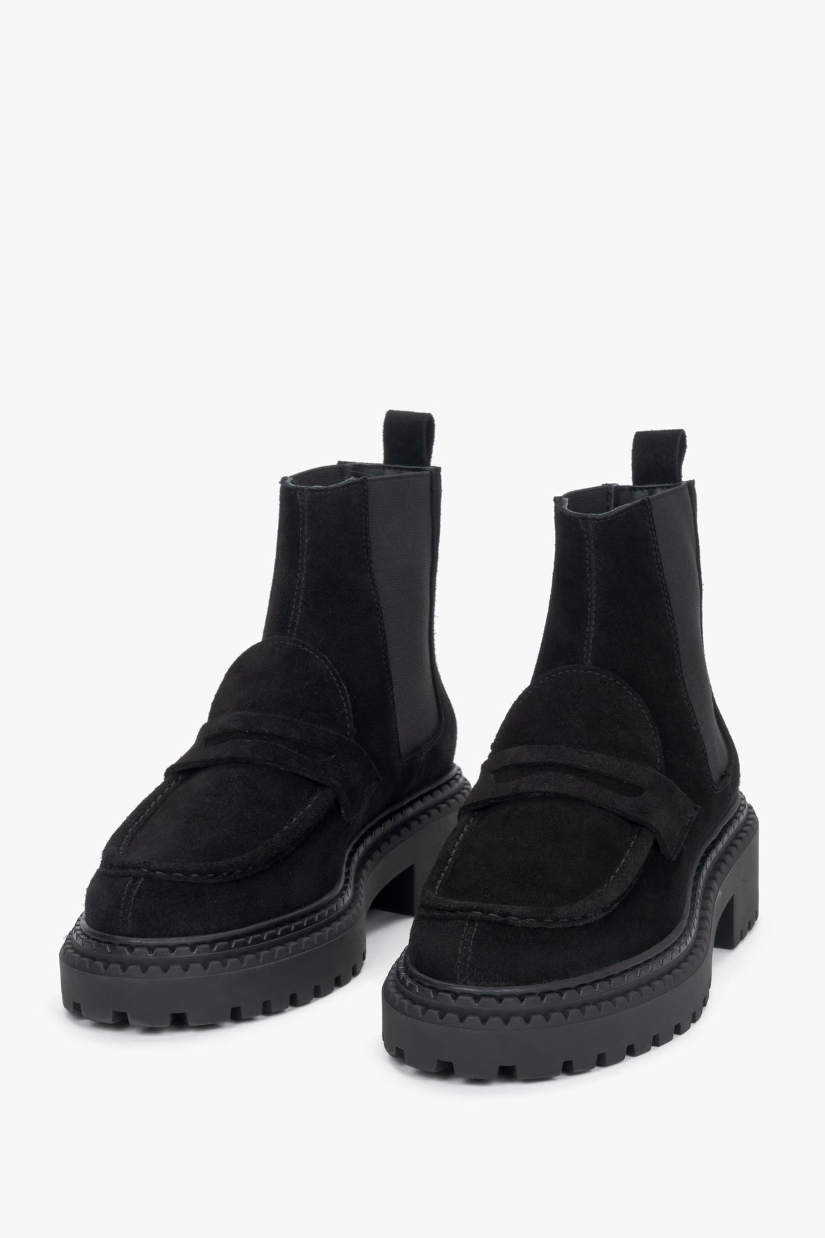 Women's black genuine Italian velour Chelsea boots with lug sole Estro.
