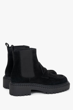 Women's black Italian velour Chelsea boots Estro - side view showing chunky sole.