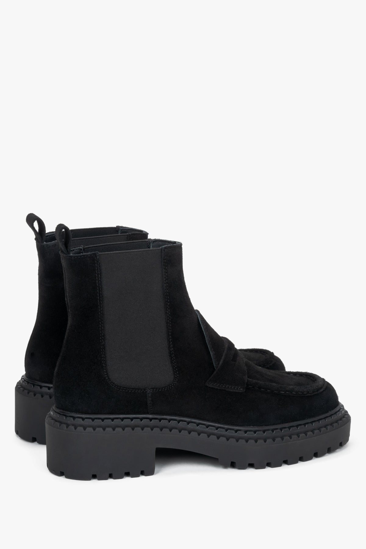 Women's black Italian velour Chelsea boots Estro - side view showing chunky sole.