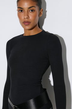 Black ribbed women's long-sleeve top in cotton and viscose by Estro Club.