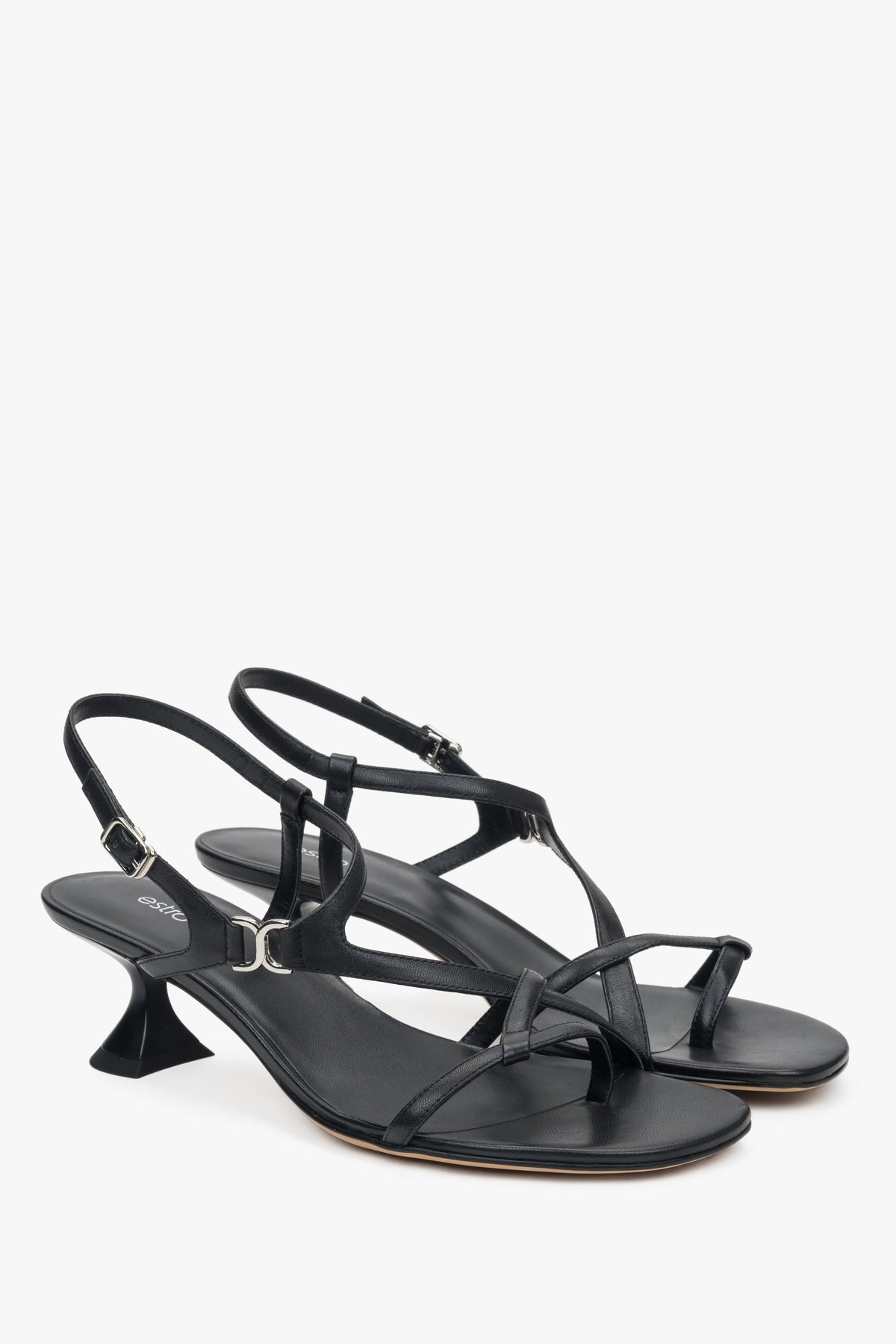 Black women’s sandals with a funnel heel and woven straps.