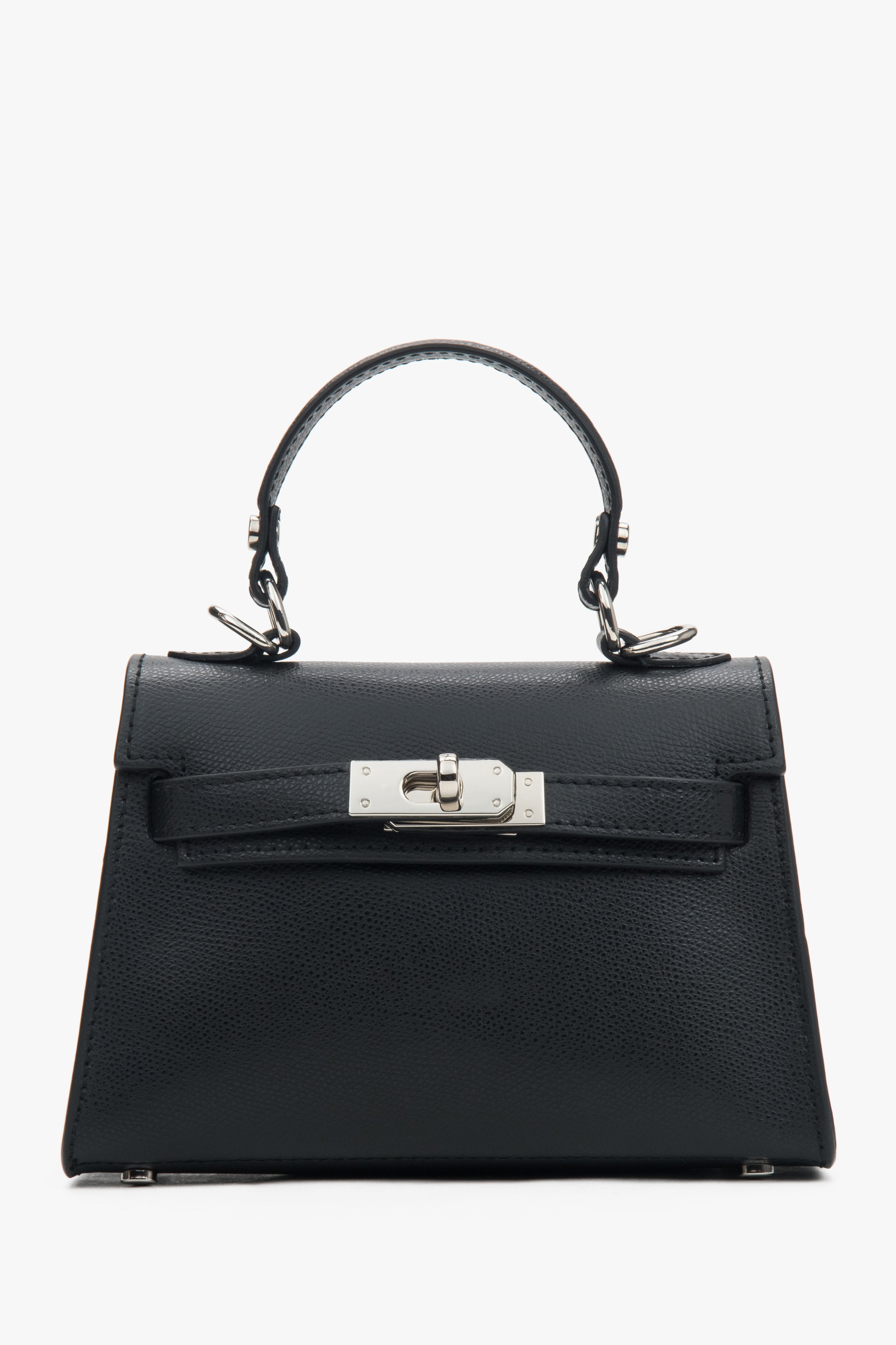 Women's Black Satchel Handbag made of Genuine Leather with Silver Hardware Estro ER00117929.