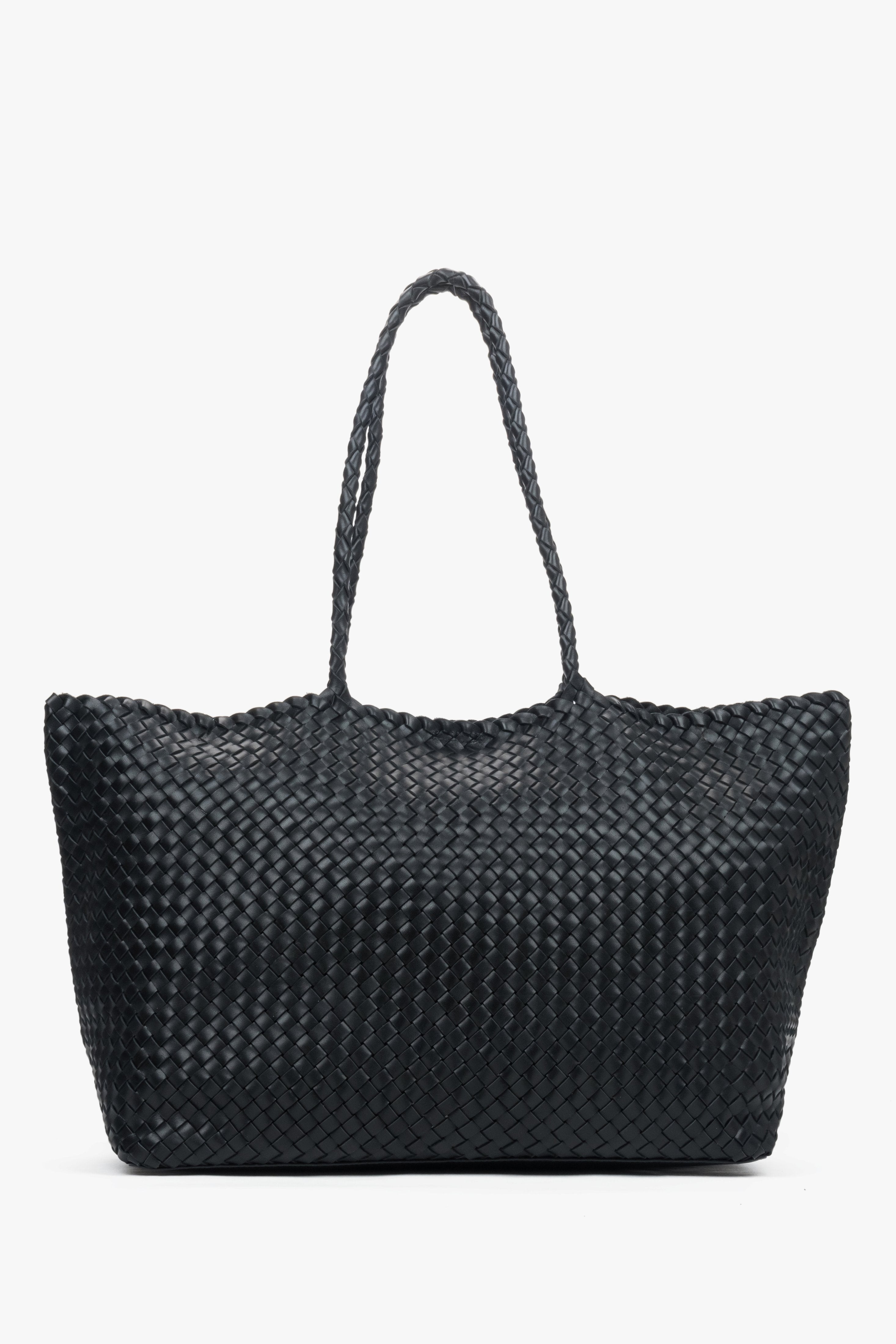 Women’s Black Shopper Bag in Woven Genuine Leather Estro ER00118926.