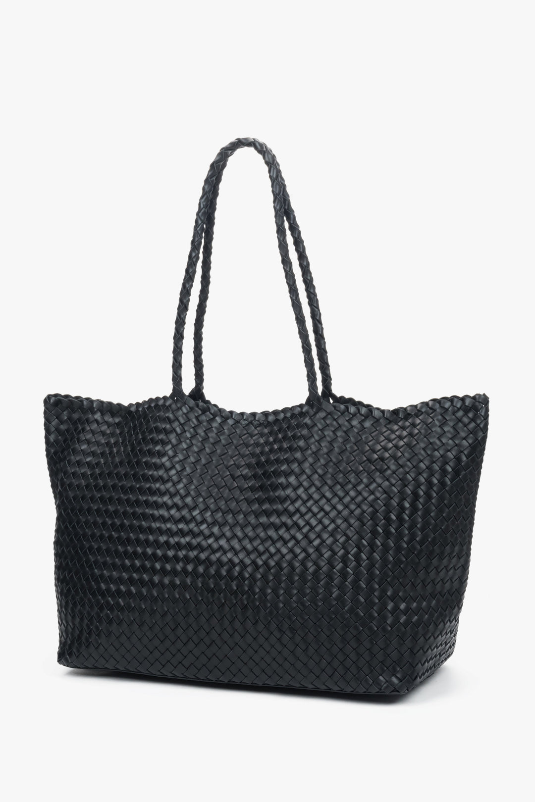 Black shopper bag crafted from genuine leather with velour and textile details, Estro.