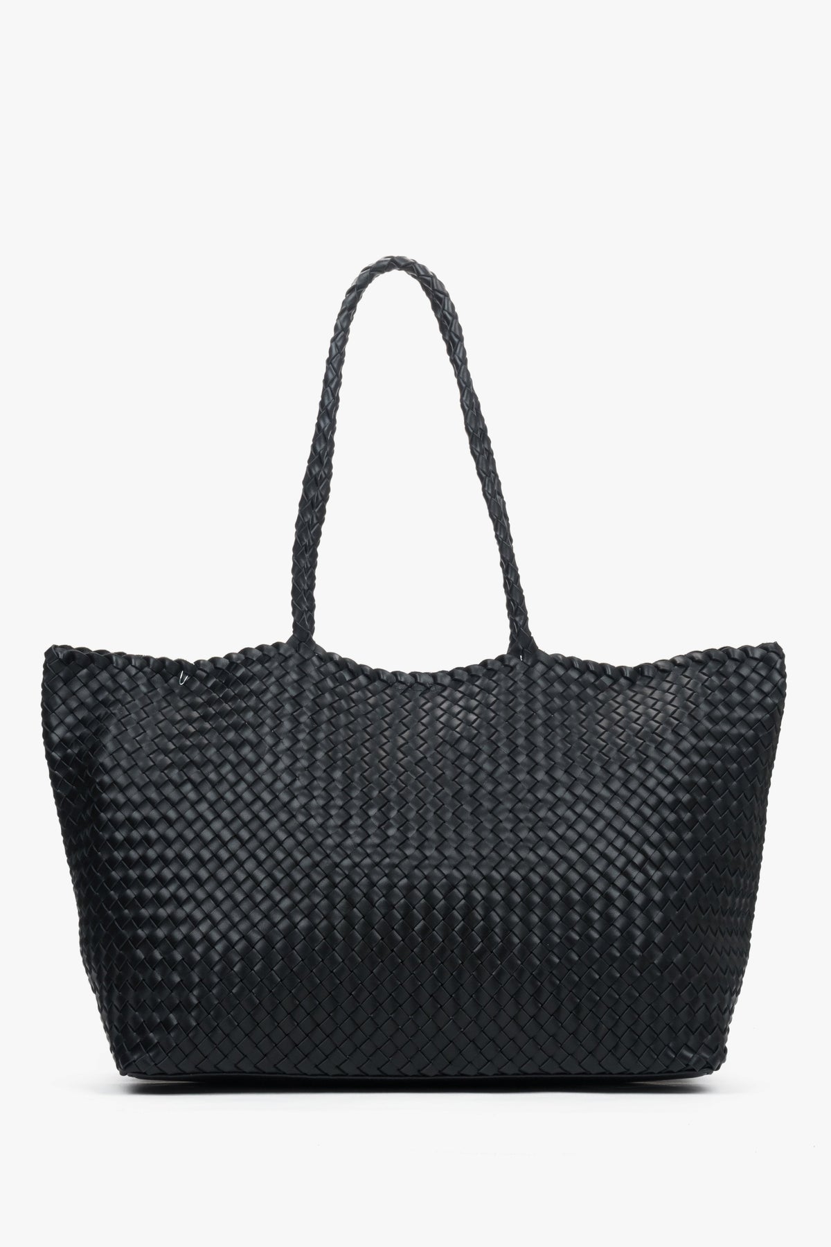 Women’s black shopper bag in woven genuine leather with velour and textile interior.