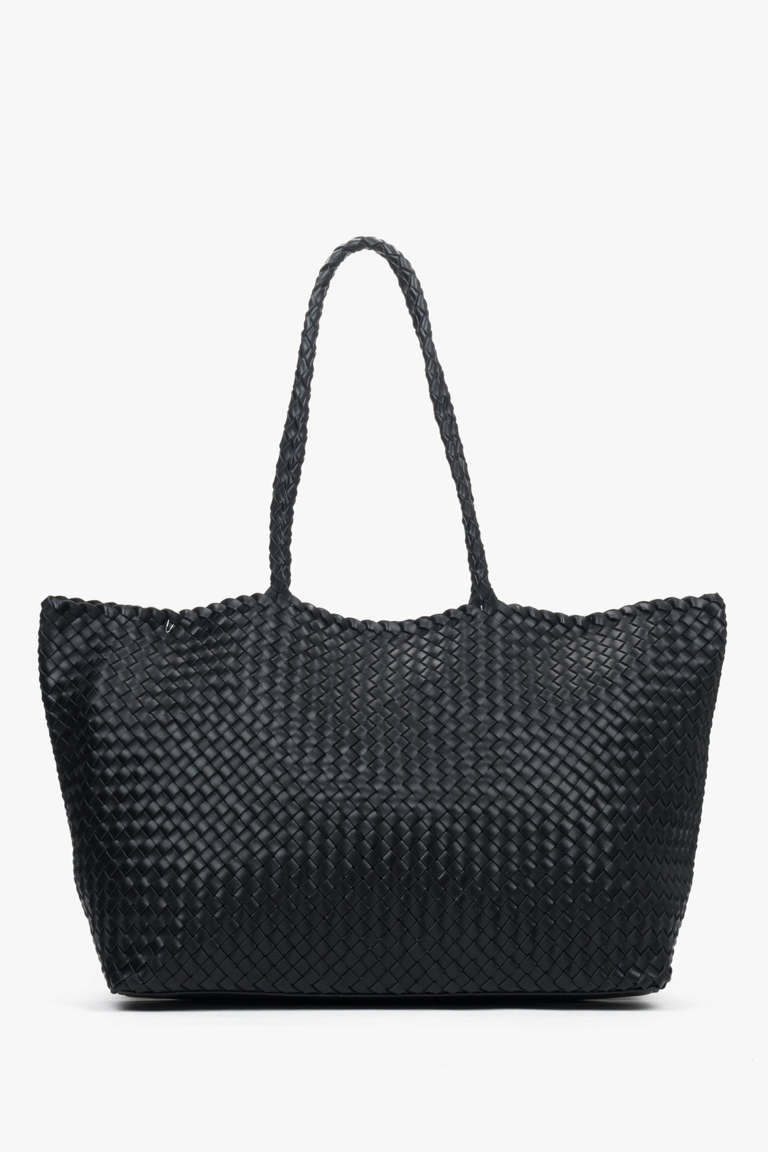 Women’s black shopper bag in woven genuine leather with velour and textile interior.