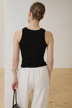 Back of women's black ribbed sleeveless top.
