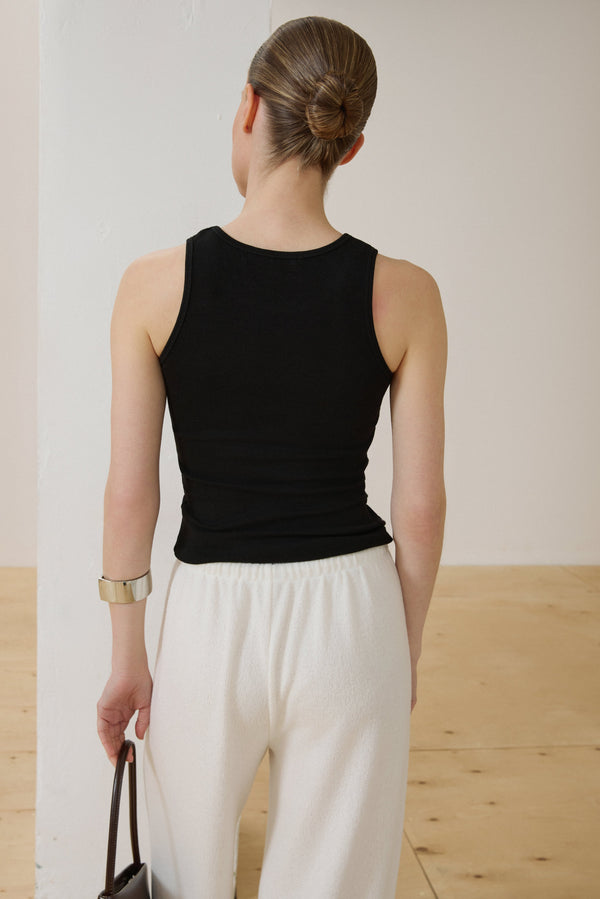 Back of women's black ribbed sleeveless top.
