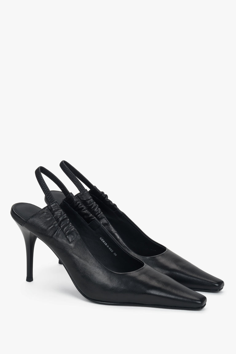 Women’s pumps, black, with a peep-back, in genuine leather, Estro Selection.