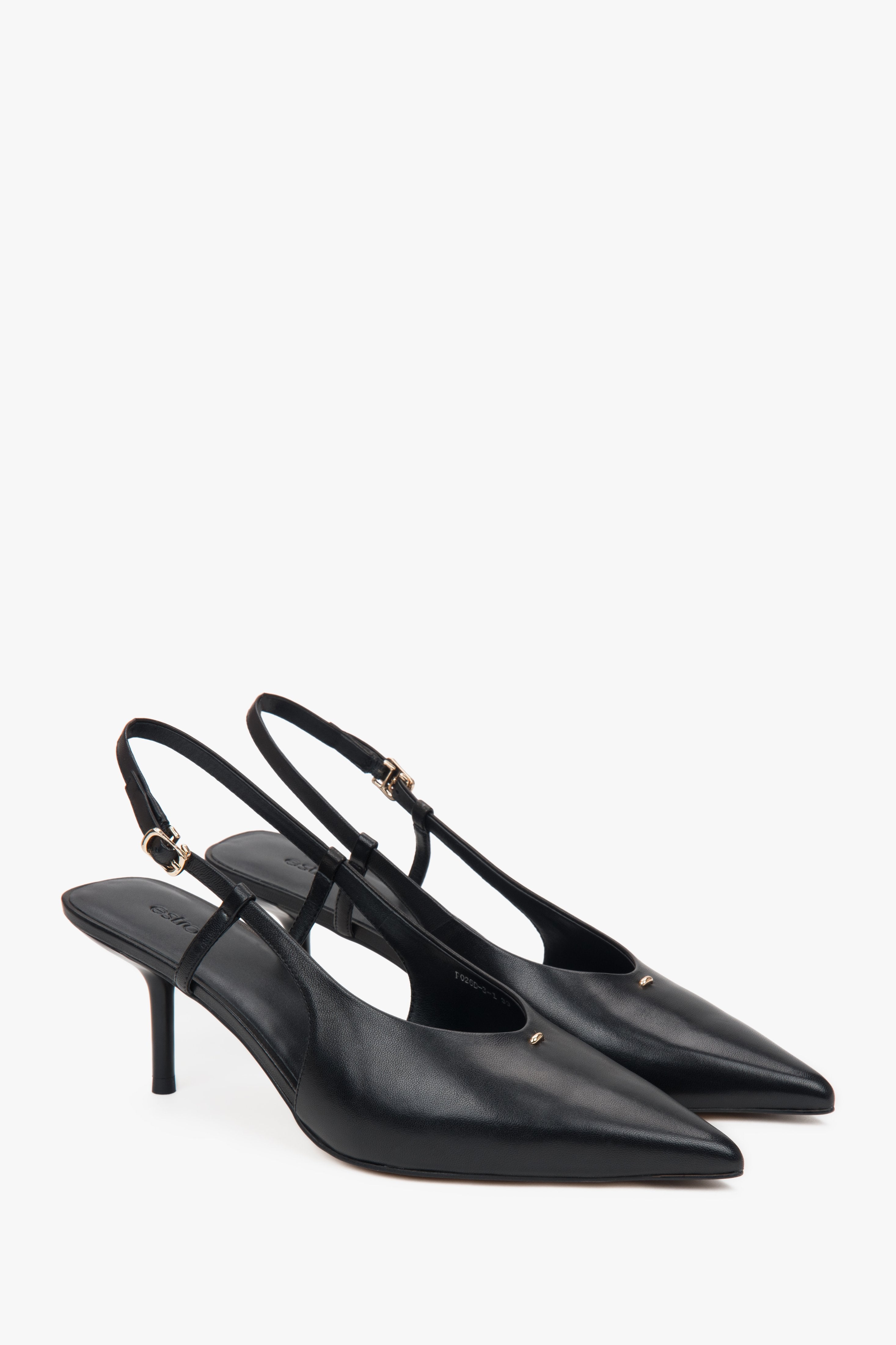 Black women’s slingback pumps with an open heel and a stable stiletto heel.