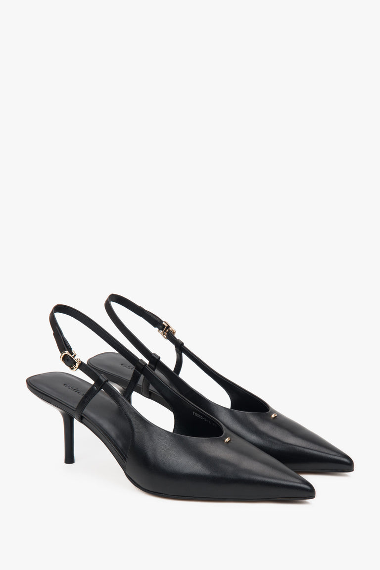Black women’s slingback pumps with an open heel and a stable stiletto heel.