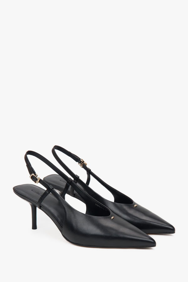 Black women’s slingback pumps with an open heel and a stable stiletto heel.