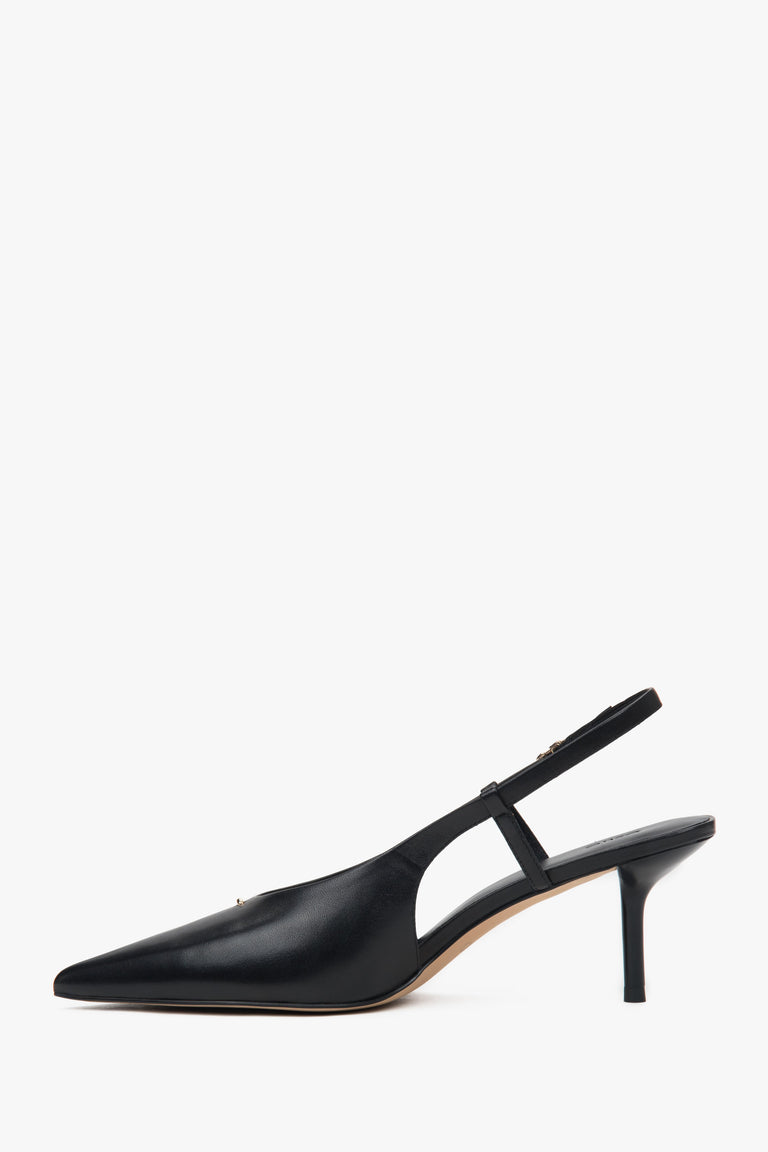 Women’s black slingback pumps with an open heel and a stable stiletto heel by Estro.