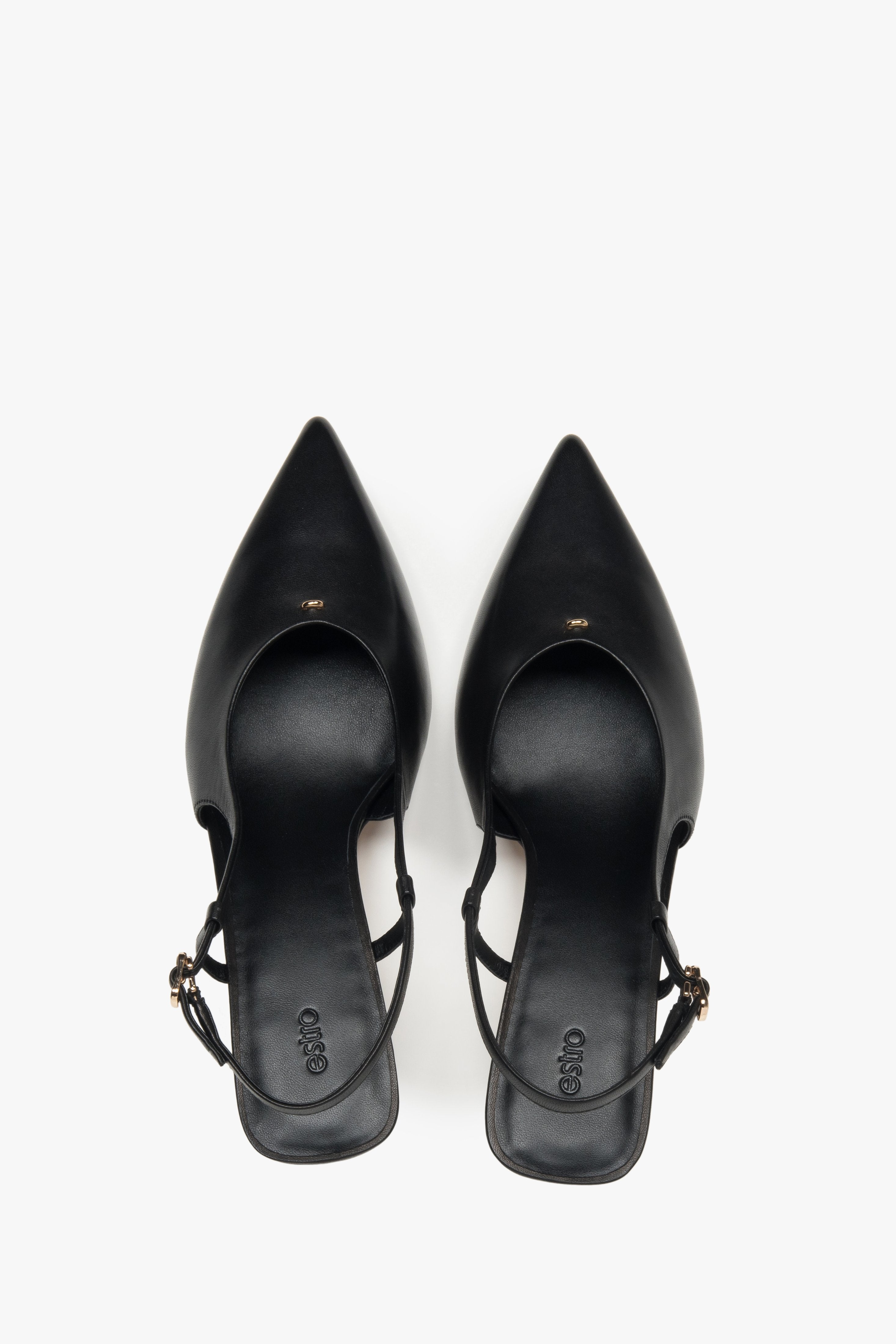 Women’s slingback pumps with an open heel, black, on a stable stiletto heel, Estro.