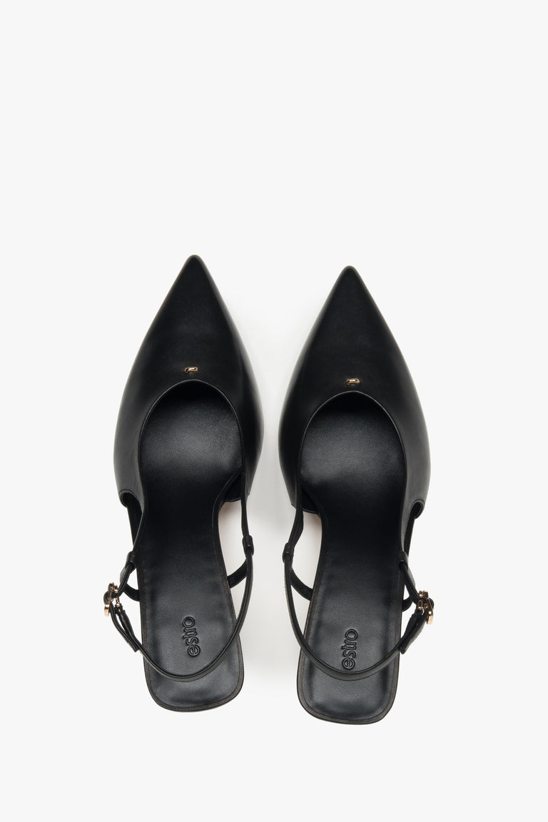 Women’s slingback pumps with an open heel, black, on a stable stiletto heel, Estro.