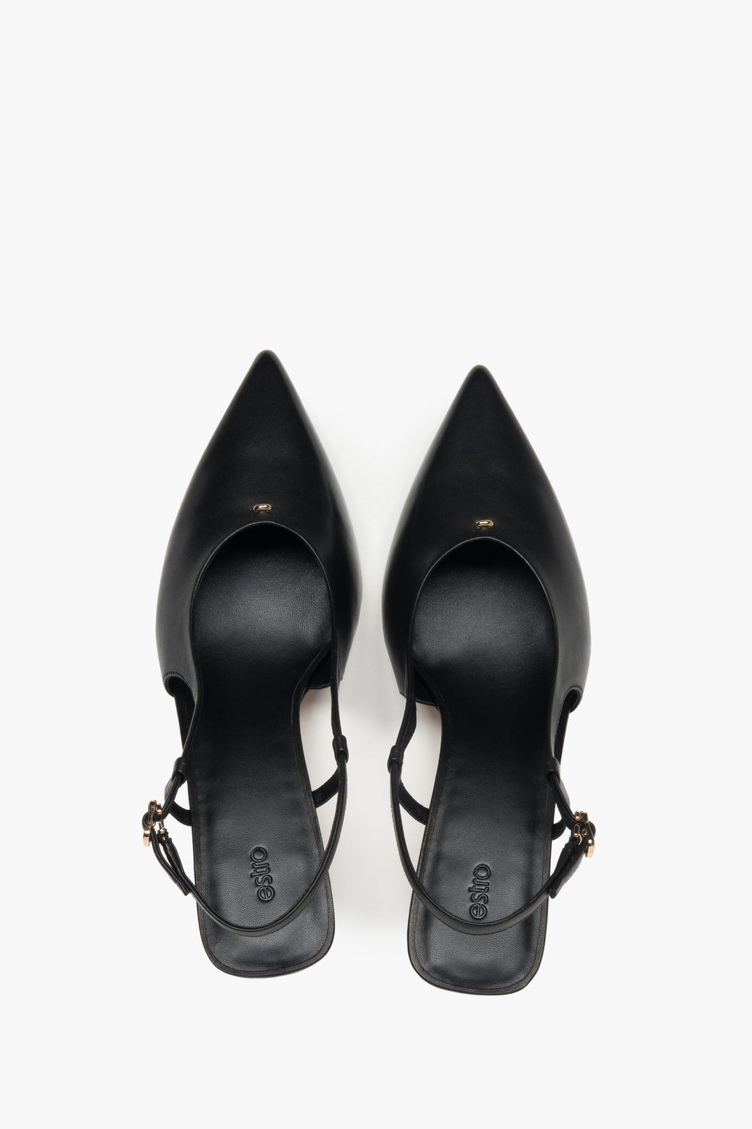 Women’s slingback pumps with an open heel, black, on a stable stiletto heel, Estro.