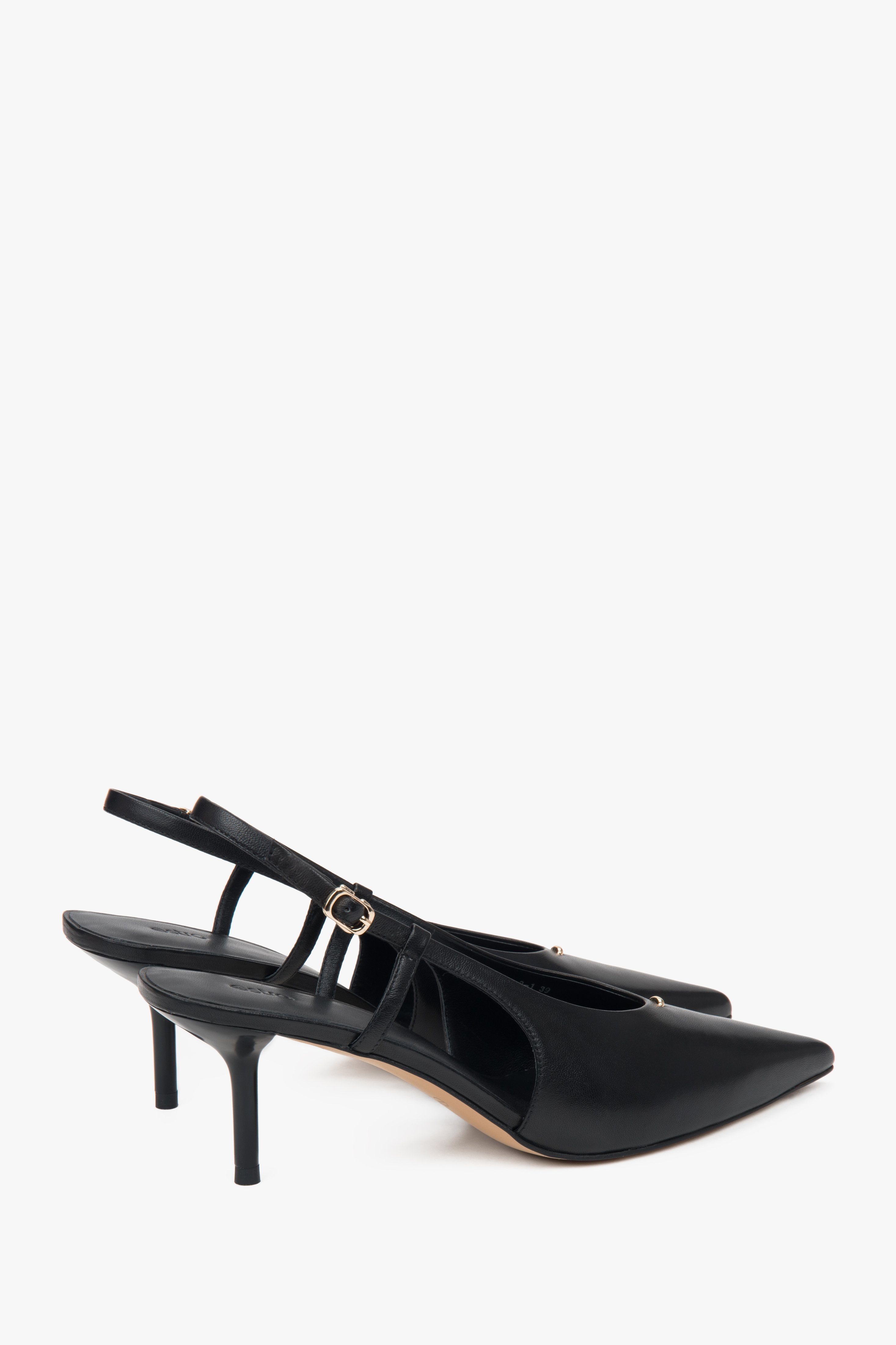 On a stable stiletto heel, black women’s slingback pumps with an open heel by Estro.