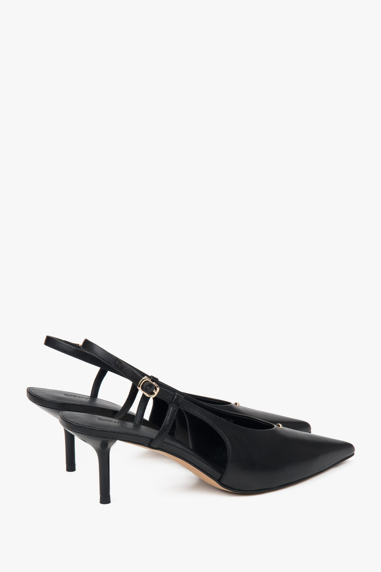 On a stable stiletto heel, black women’s slingback pumps with an open heel by Estro.