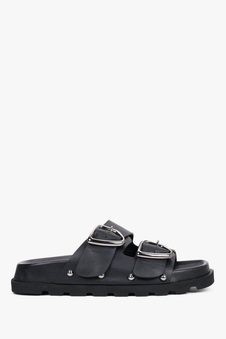 Women’s Black Leather Slippers with Silver Buckle and Studs Estro ER00119751.