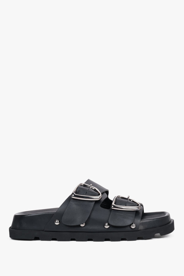 Women’s Black Leather Slippers with Silver Buckle and Studs Estro ER00119751.
