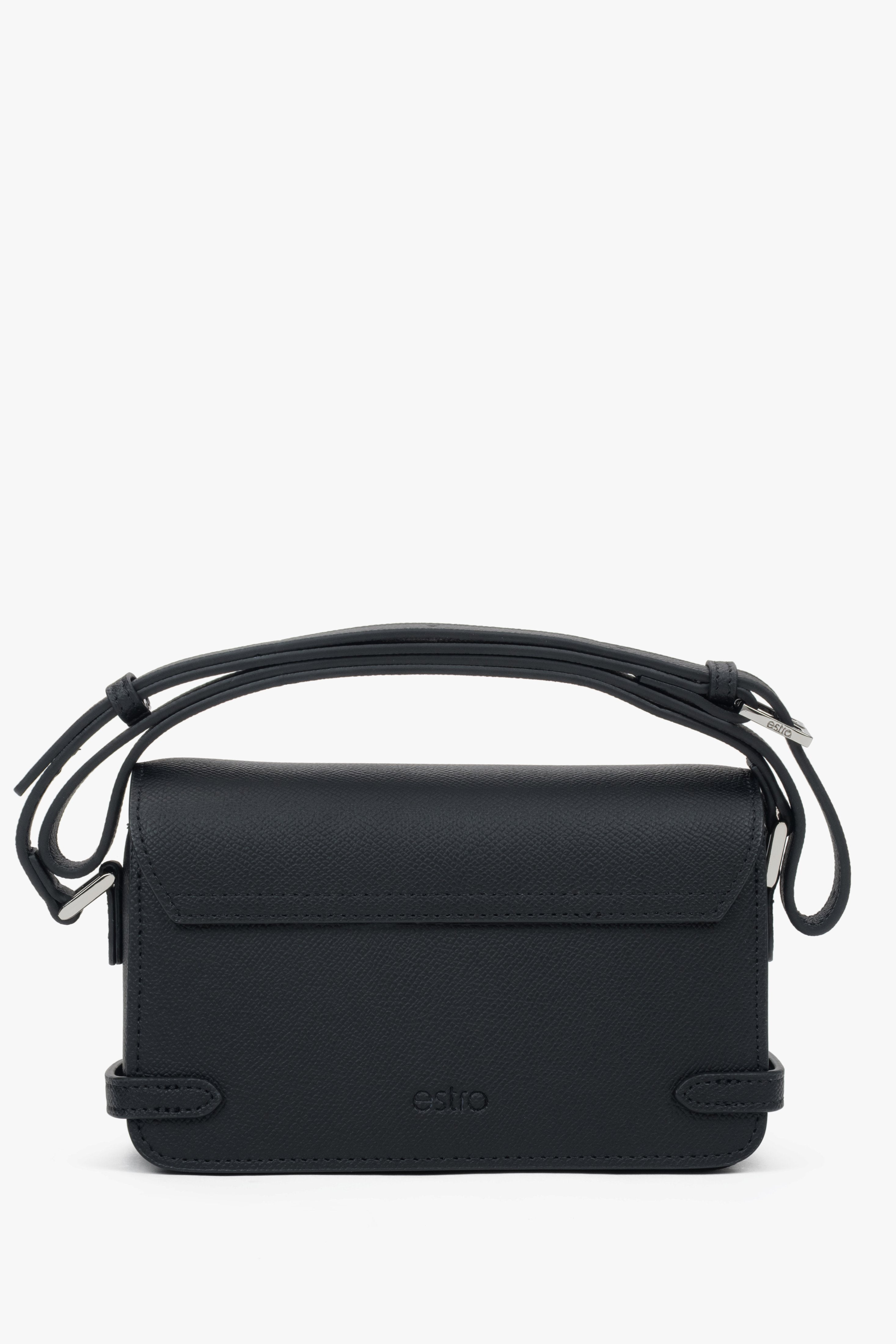 Small black women’s leather shoulder bag.