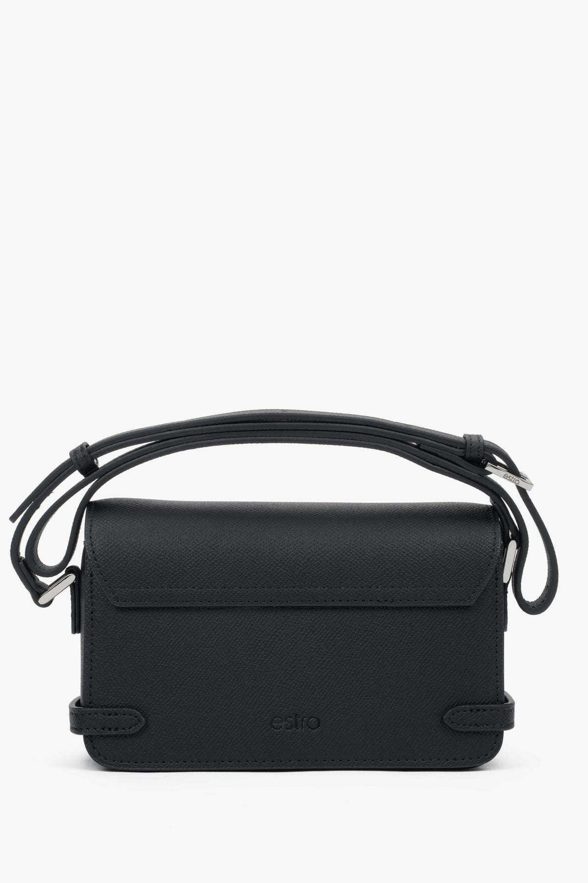 Small black women’s leather shoulder bag.