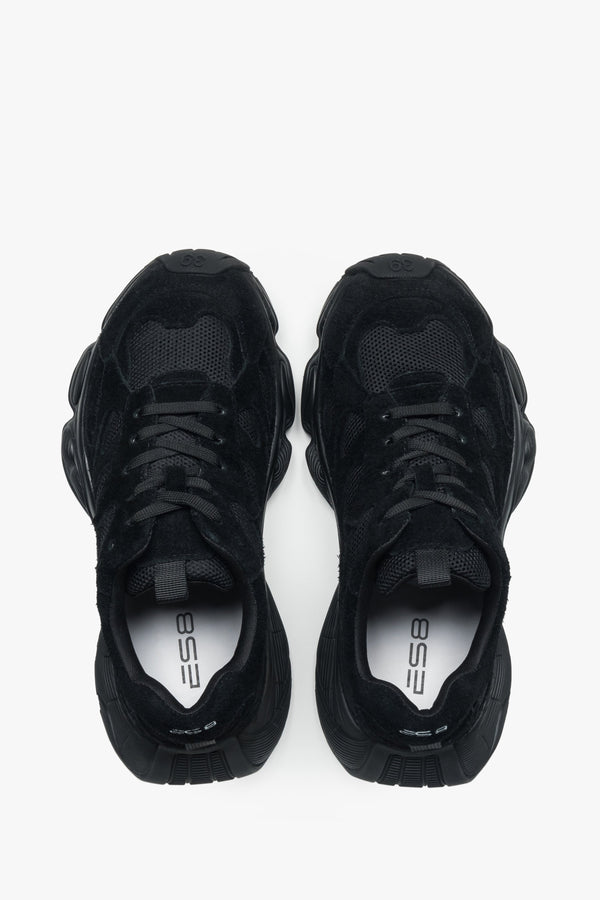 Women's black velour platform sneakers – back view highlighting the stable heel support and geometric sole structure.