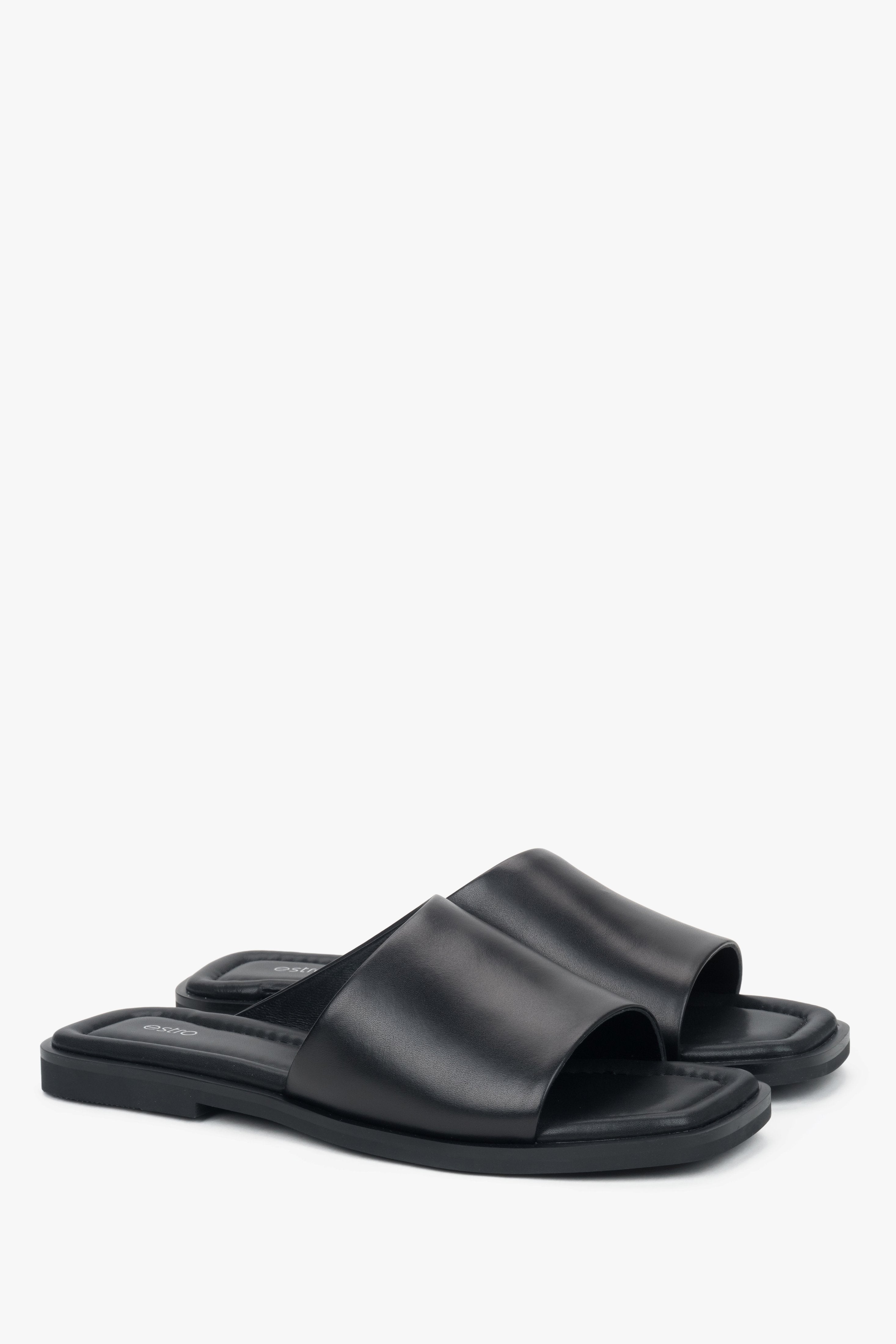 Women’s Black Square-Toe Slide Sandals in Genuine Leather Estro ER00119224.