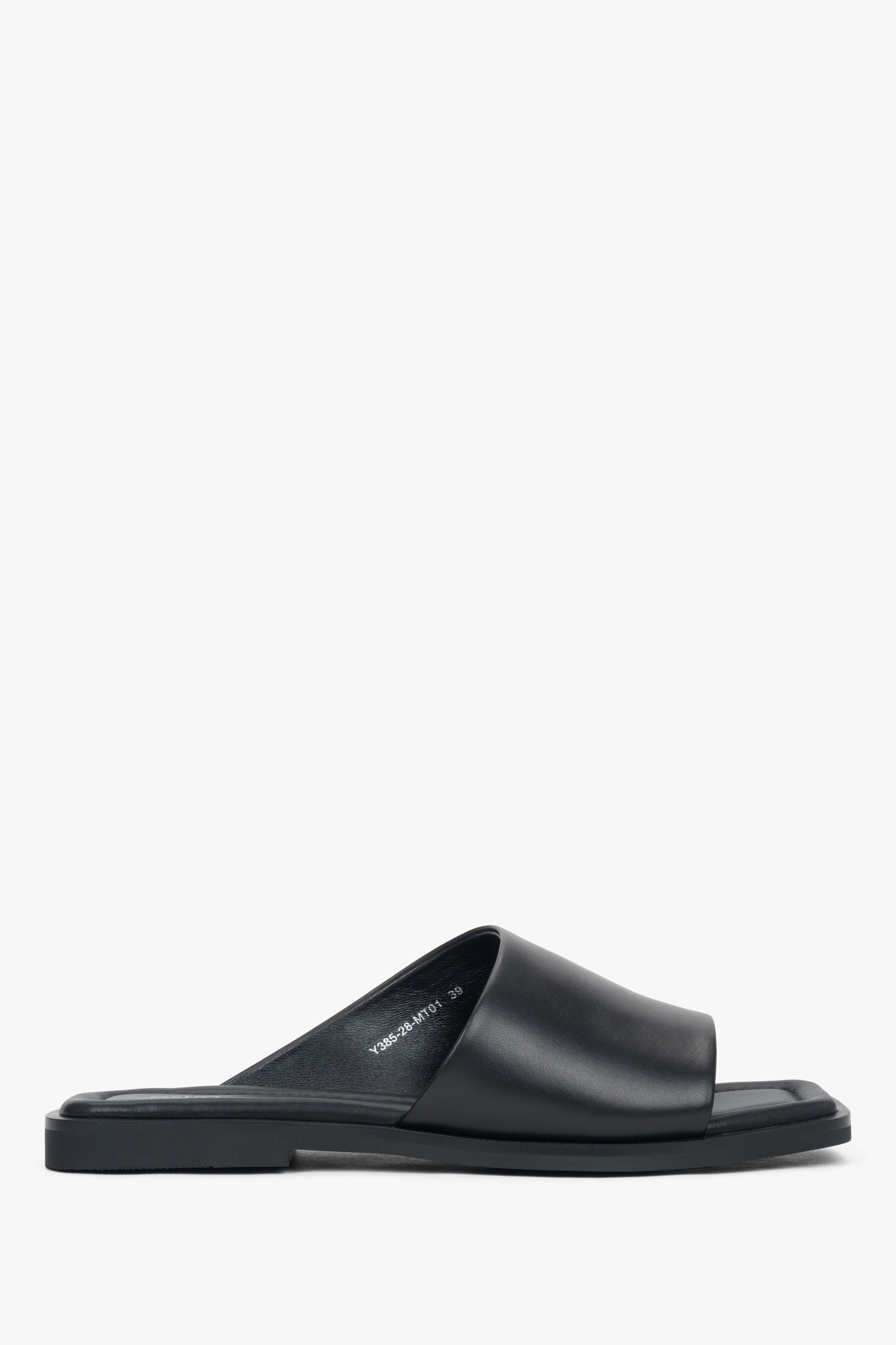 Sleek black slide sandals with a square toe, made of genuine leather.