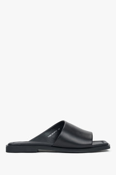 Sleek black slide sandals with a square toe, made of genuine leather.