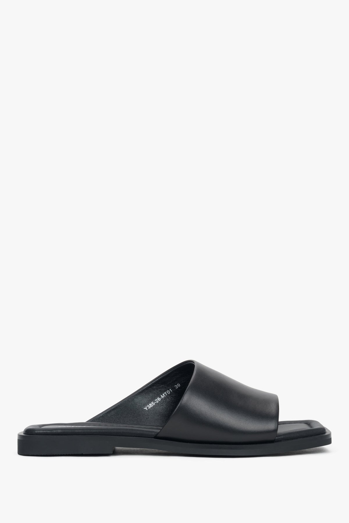 Sleek black slide sandals with a square toe, made of genuine leather.