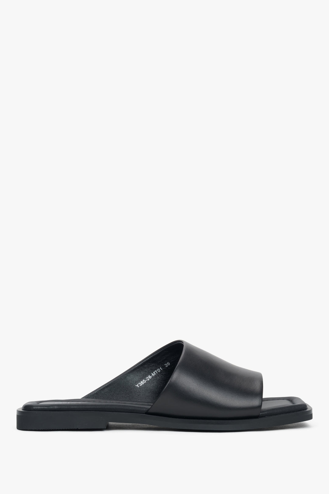 Sleek black slide sandals with a square toe, made of genuine leather.